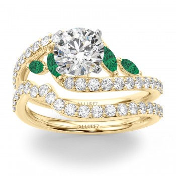 Swirl Design Diamond & Marquise Emerald Bridal Ring Set 18K Yellow Gold (0.96ct)